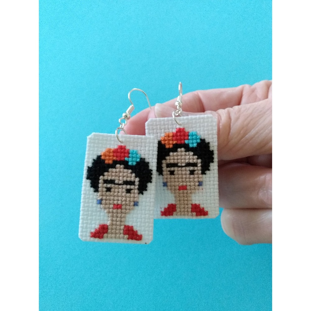 Frida Kahlo cross stitch earrings
